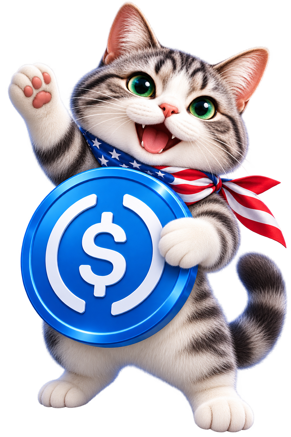United States Dollar Cat mascot holding a USDC-style dollar coin, wearing an American flag bandana